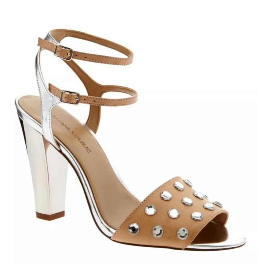 Banana Republic Tan and Silver Studded Ankle-Strap Heels